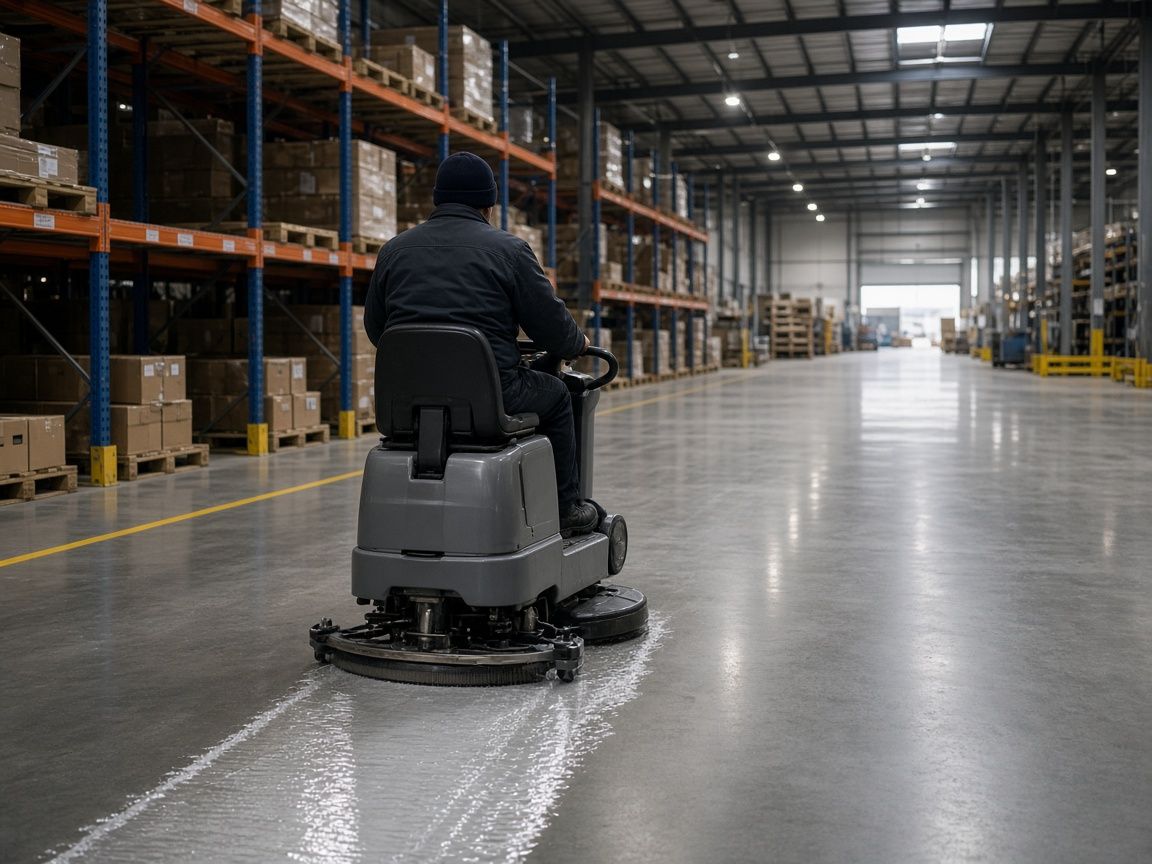 A ride-on floor scrubber cleaning a large warehouse floor